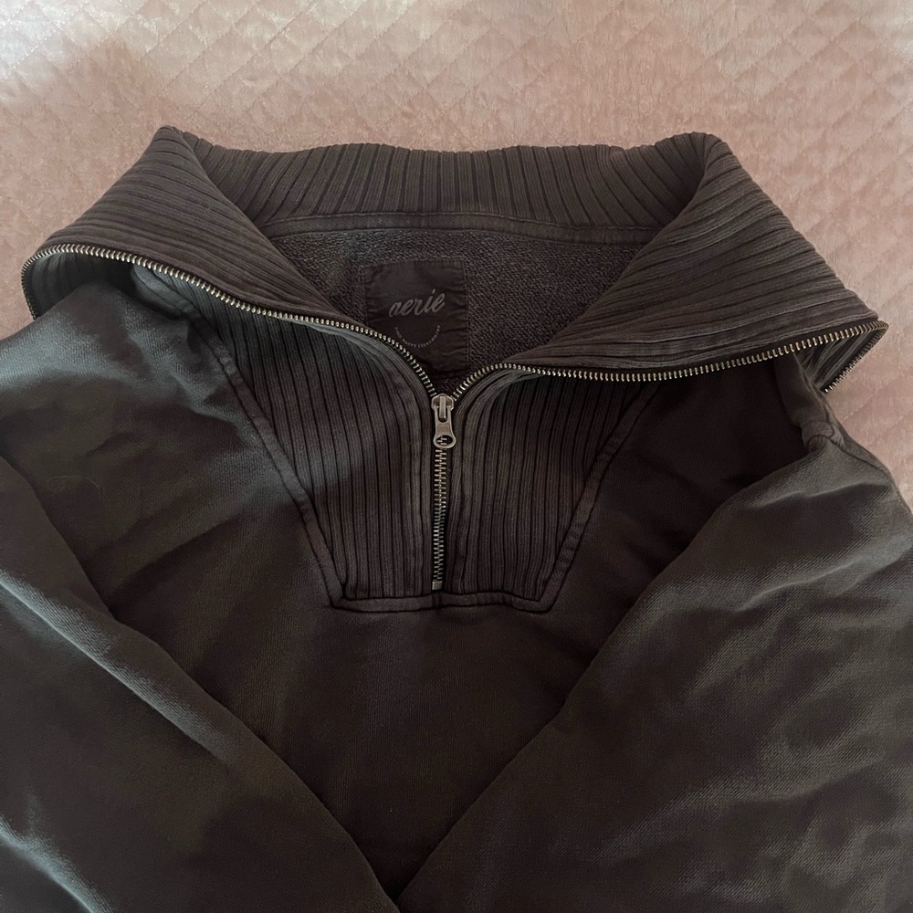 Aerie Charcoal Ribbed Half-Zip Top
